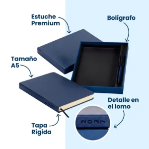 Agenda 2027 CARAVIAN PRO Azul con bolígrafo, tamaño A5 y estuche premium