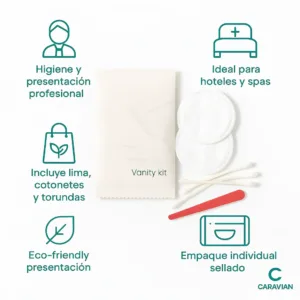 Contenido del kit de vanidad con lima, cuatro cotonetes y dos torundas